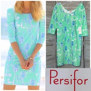 Persifor Kilpatrick dress green with blue + white palm trees XL NWT (WITH FLAW)